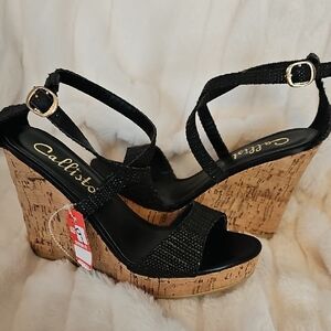 Callisto Black Wedge Sandals with Tan Cork